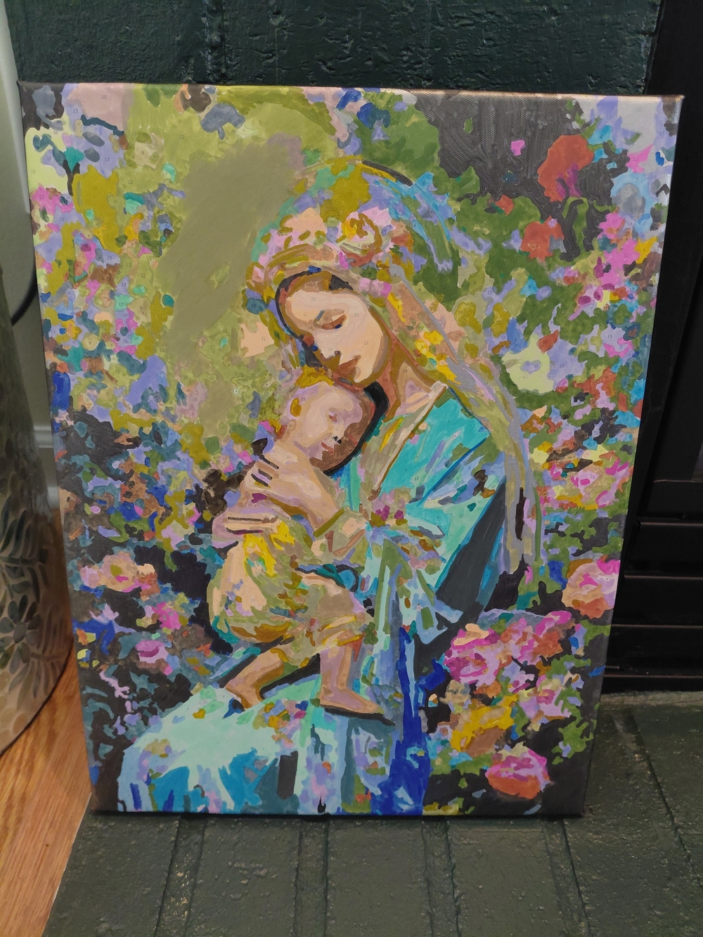Floral Madonna and Child Canvas Art - Multicolor Pastel Palette